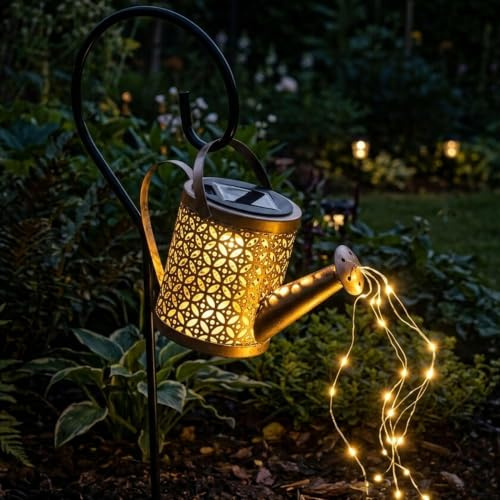 Spetebo LED Solar Gießkanne mit Erdspieß, 21 x 16 cm, 40 LED warm weiß | Garten Deko Beleuchtung, Dekorative Laterne, Draht Lichterkette, Sternendusche Lichtspiel