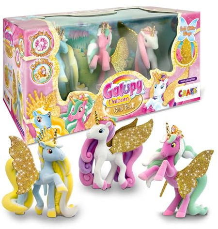 Galupy Unicorn Gold Edition - 3X Einhorn Figuren mit goldenen Flügeln & Kristall von Swarovski - Einhorn Spielzeug