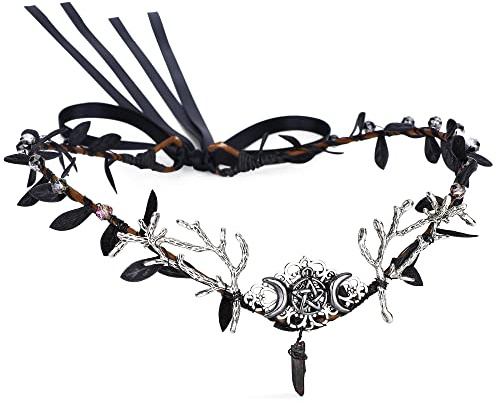 MOSTORY Woodland Crown schwarzes Blatt Kopfschmuck Göttin Tiara Stirnband Feenkönigin Heiligenschein Mond Haargirlande Halloween Renaissance Cosplay Kostüm