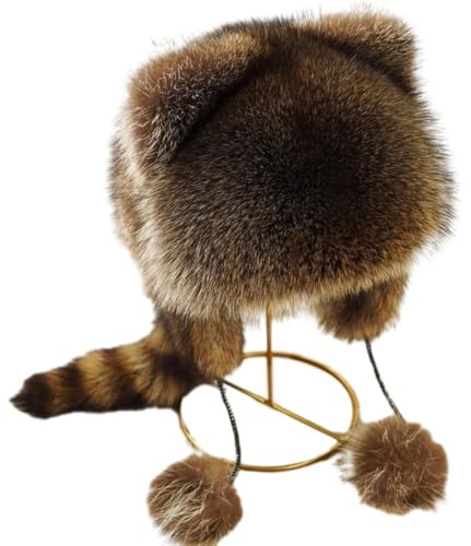 GUSHE Cute Faux fur Raccoon Tail Parent-Child Plush Hat, Waschbär Schwanz Hüte für Winter, Kunstpelz-mütze für Damen, Wintermütze Damen Warme, Damen Winter Hut Ohrenschützer Warm Fellmütze