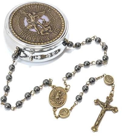 Nazareth Store St Michael radband hematit sten pärlor halsband metall pärlor glans pärlor ärkeängel medalj & kors för män och kvinnor i metalllåda (Brons Jesus kors)