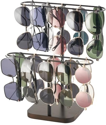 Mkono Sonnenbrillen-Organizer, Brillenhalter, 2 Ebenen, Sonnenbrillen-Aufbewahrung, Brillenständer, Metallrahmen mit Holzsockel, für 24 Paar Brillen für Tisch, Schreibtisch, Arbeitsplatte, Kommode,