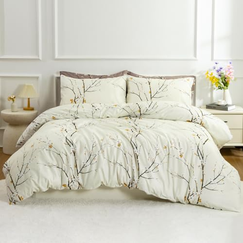 Wotcsil Beige Yellow Double Size Duvet Set Floral Bedding Duvet Cover Set Plum Flower Printed with Pillowcases Zip Fastening Corner Ties, Beige Yellow, 200x200cm