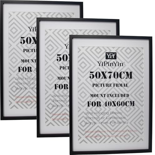 Black 50x70cm Boxed Picture Frames Set of 3 with Mounts for 40x60cm, 70x50cm poster frame with Acid Free mount for 40x60cm photo (Black 3Pack)