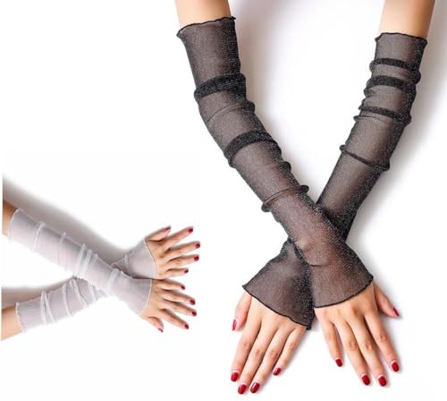 NT-ling 2 Pairs Women's Long Ultra-thin Lace Gloves Sun UV Protection,Fingerless Sun UV Protection Summer Cooling Arm Covers for Party Outdoor Sport Activities- 50cm, Black/White