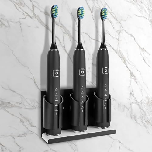 Adorila Electric Toothbrush Holders for Bathrooms Wall Mounted, 3 Slots Adhesive Toothbrush Organizer Stand with Diatomite Dish, Compatible with Philips 2100, 4100, 5100, 6100, 6500, 7500 (Black)