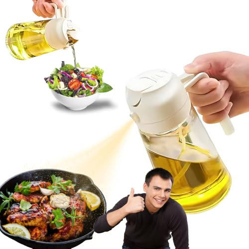 MiYutaka Pulverizador de Aceite para Cocinar, Botella Dispensadora de Aceite de Oliva 2 en 1 para Cocina, Botella de Aceite de Vidrio de 17 oz/470 ml para Freidora de Aire, Barbacoa (Blanco/Beige)