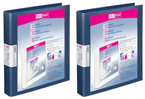 VELOFLEX 1143150 - Präsentationsringordner Velodur DIN A4 2-D-Ring-Mechanik, 25 mm breit, mit breiter Rückentasche, blau (Packung mit 2)
