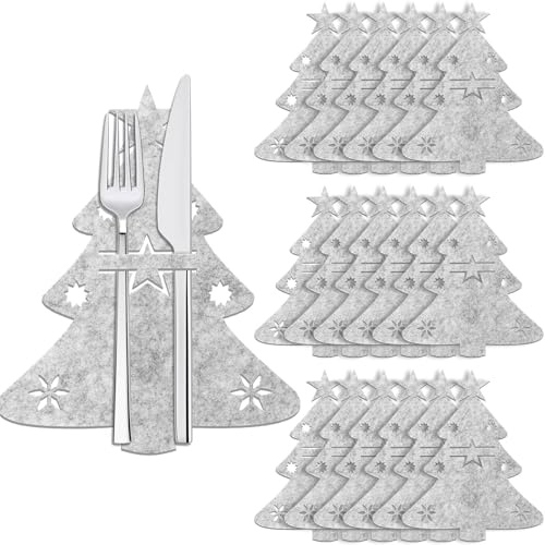 ROADPLUM 18 Stück Besteckhalter Weihnachten Filz, Grau Weihnachtsbaum Bestecktasche Weihnachten Tischdeko Messer Gabeln Löffel Bestecktaschen für Party Weihnachts Tischdeko