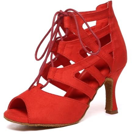 MINITOO Chaussures de Danse Standard Latine pour Femme - Lacets à Lacets - pour Club de Ballroom, L609 Rouge 8 Talon 5 cm, 39 EU