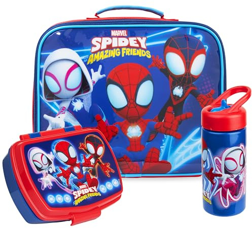 Get Trend Spidey et Ses Amis Set Sac Isotherme Repas Enfant, 3 Pièces Boite Repas 620ml, Gourde avec Paille 420ml et Lunch Bag Isotherme 5L, Fermeture Eclair et Poignée de Transport (Multi Spidey)