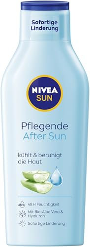 NIVEA SUN Pflegende After Sun Lotion, Körperlotion mit hautberuhigender Wirkung nach dem Sonnenbad, After Sun mit Bio-Aloe Vera und Hyaluron für 48h Feuchtigkeit (400 ml)