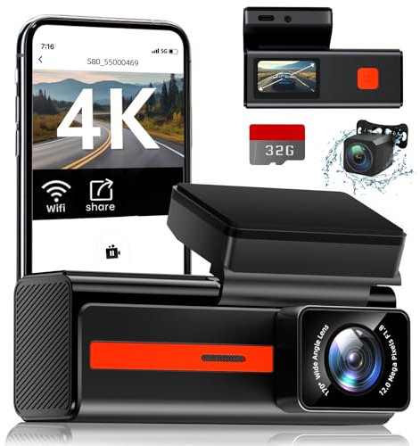 4K Dash Cam Front and Rear, Ultra HD Dual Dash Camera for Car with Free 32GB SD Card Built-in WiFi, 170°Wide Angle, 24/7 Parking Mode, G-Sensor, Night Vision, WDR, Loop Recording,App Control,Max 256GB