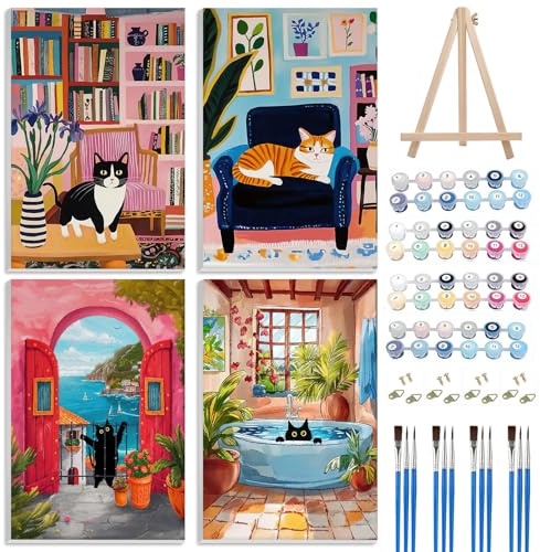 TLIOBLO 4 Pièces Chat Peinture par Numéros avec Cadre pour Adulte, DIY Animaux Peinture pour Adultes Enfants Débutants Facile sur Toile avec Peintures et Pinceaux, Décor Maison Cadeaux 20x30cm