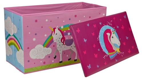 URBNLIVING Children’s Foldable Toy Storage Box with Padded Lid Seat – 60cm Collapsible Ottoman Chest Bench for Boys & Girls, Space Saving, Bedroom & Playroom Toy Organizer, Unicorn & Galaxy Print