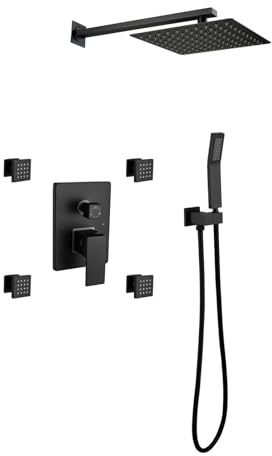 LIUWOPA 10-Inch Matte Black Shower System with Body Jets - Luxury Rainfall Shower Head & Handheld Shower - 3 Functions Pressure Balance Valve for Bathroom Experience