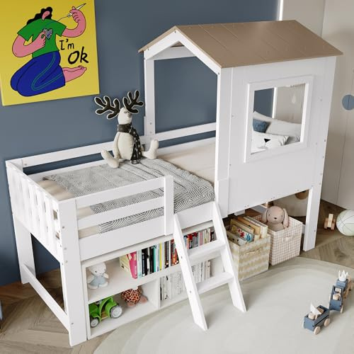 OKMYHOME Kinderbett 90 x 200 cm – Hüttenbett mit Stauraum und vier sicheren Seiten – Kiefer und MDF – ohne Matratze – Weiß + Natur