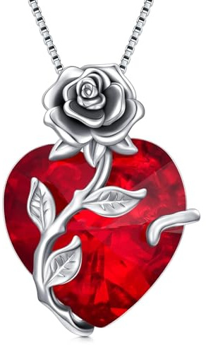 TOUPOP Garnet Necklaces for Women January Birthstone Jewellery 925 Sterling Silver Rose Flower Heart Pendant Necklace Anniversary Birthday Gifts for Wife Girlfriend