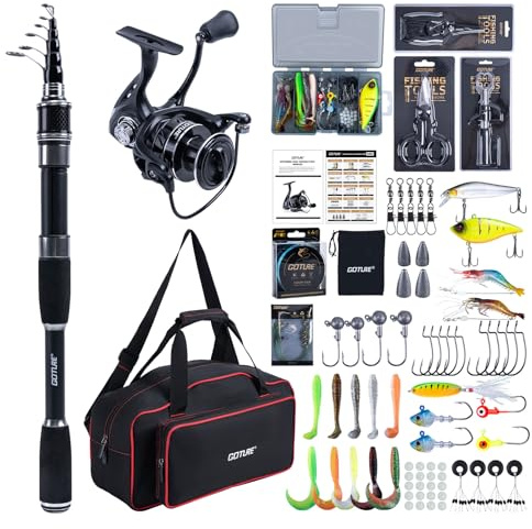 Goture Angelset mit Teleskop-Angelruten, Angelrute Set Komplett 5.2:1 Spinnrolle (9+1 Bearing), Schnur, Köderbox & Tragetasche – für Salz-/Süßwasser, Reisen–Angelgeschenk