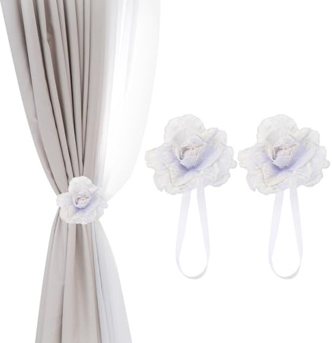 PATIKIL Fermacurtain Magnetici A Forma di Fiore 1 Paio Fermatende Decorativi Senza Foratura Portatende con Cordino per Decorazione Casa Ufficio Balcone Bianco
