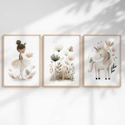 Generisch 3er Poster Set Kinderzimmer Mädchen – Babyzimmer Wandbilder mit Einhorn, Prinzessin, Tieren & Regenbogen – Liebevolle Deko fürs Mädchenzimmer (Prinzessin & Einhorn, DIN A4, Ungerahmt)