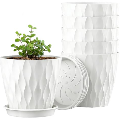 Gobesty Lot de 6 pots de fleurs 10 cm, pots de fleurs en plastique de haute qualité avec motif gaufré, avec sous-plateau et trous de drainage, petit set de pots de fleurs pour plantes d’intérieur et d