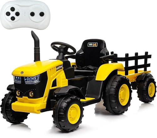 Tractor Eléctrico Niños con Remolque Desmontable Doble Motor 35W, Coche Eléctrico 12V a 6 Neumáticos para Niños con Control Remoto Música, 3 Velocidades, Faros de 7 LED, Cuerno (Amarillo)