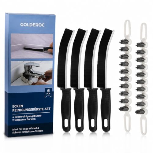 GOLDEROC Crevice Cleaning Brush Set, Multi-Cleaning Brush (6 pcs, 2 types) | Crevice brushes with comfortable handle, Reaches clean narrow gaps, for Grout,Tiles,Bathroom,Kitchen,toilet and window & More