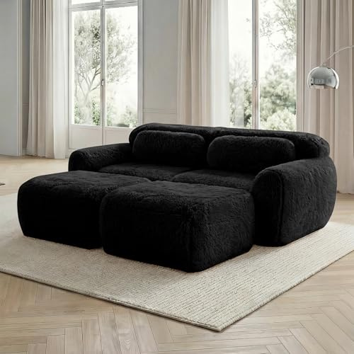 XPSSJMU Boneless Cloud Sofas, Weicher Flauschplüsch-Stoff, Modulares Schlafsofa mit 2 Ottomans, Zweisitzer-Sofas, Montagefrei, Bequemes Sofa für Wohnzimmer,Schwarz