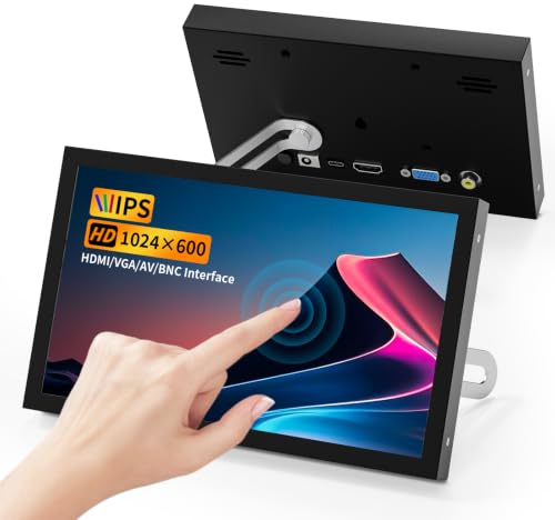 Mini monitor HDMI da 7 pollici, monitor VGA portatile con AV BNC, schermo LCD 1024 × 600 con touch screen, altoparlanti integrati, angolo di visione IPS a 178°, display multifunzione per Raspberry Pi