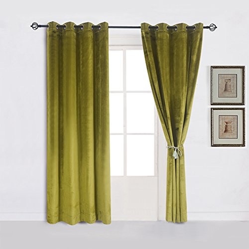 Cherry Home Super Soft Luxury Velvet Decor Moss Green Thermal Blackout Curtain Panel Drapes Grommet Draperies Eyelet 52Wx96L inch Green Yellow,2 Panels