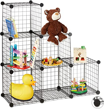 Relaxdays Regalsystem Drahtgitter, 6 Fächer, Offenes Steckregal, schwarz | verschiedene Größen, DIY Stufenregal Würfel