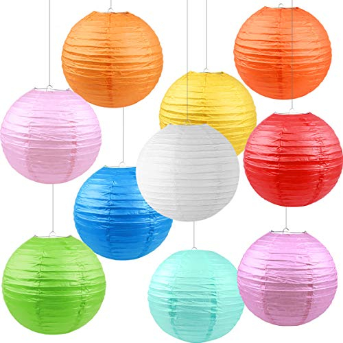 10pcs Paper Lanterns, 12 Chinese Round Lanterns Hanging Garden Paper Lanterns Foldable Ball Lanterns with Assorted Colors for Birthday Baby Shower Wedding Party Home Ceiling Decoration