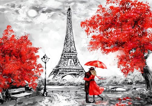 Fototapete 3D Effekt Vliestapete Tapeten Ölgemälde Der Modernen Kunst Paris-Turmliebhaber Roter Großer Baum Fototapete Wandtapete Wallpaper Wandbilder 150x105cm