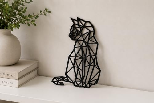 Pet-Jos Katze Wanddekoration 40cm Holz Geometrische Ornamente Minimalistische Wandkunst für Wohnzimmer, Schlafzimmer, Küche, Flur oder Büro, Schwarz, 40x24.5cm