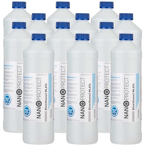 Nanoprotect Bioethanol 96,6% | 12x1 Liter | Flüssiger Ethanol Brennstoff für Indoor Kamin und Tischfeuer | Reiner Ethylalkohol als Lösemittel | Geprüfte Premium Qualität