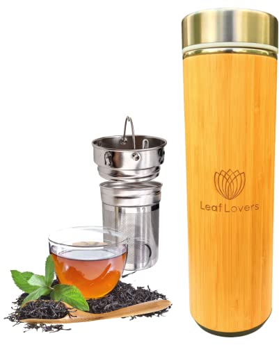 Leaf Lovers Thermosflasche Teeflasche - Thermobecher - 500ml to go mit Sieb - Bambus - für Tee, Kaffee - doppelwandig Edelstahl