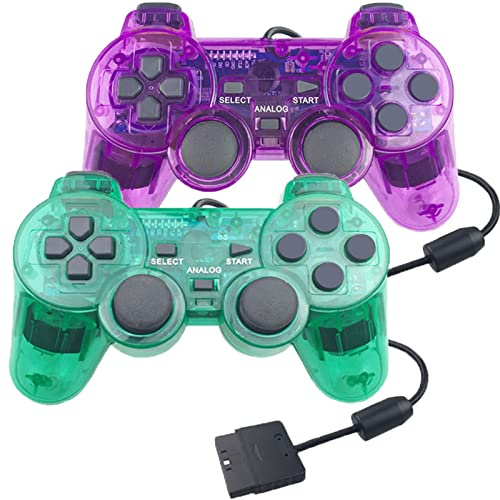 Hovlian Lot de 2 manettes filaires PS2, double choc, compatibles avec console Playstation 2 (vert transparent et violet transparent)
