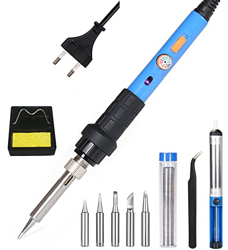 Saldatore Kit 60W 220V Kit di Saldatura a Stagno con temperatura regolabile 220-480 °C e interruttore ON/OFF, 5 Punte Saldanti,Pompa Dissaldante,Filo di Saldatura,Pinzetta