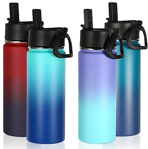 Volhoply 530ml 18oz Insulated Water Bottle Bulk 4 Pack, Kids Stainless Steel Water Bottles with Straw Lid, Reusable Metal Wide Mouth Sports Flask Keep Hot and Cold (Assorted,4 Pack)