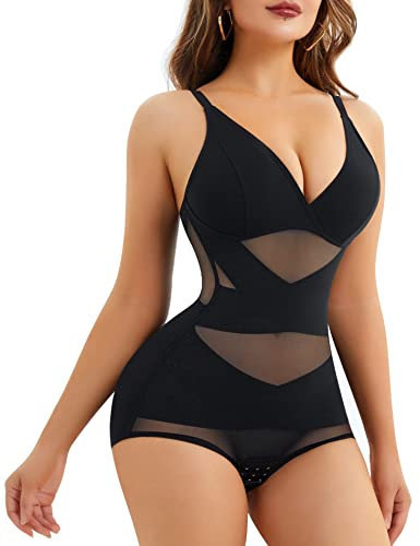 Bafully V Neck Bra Bodysuit Shapewear for Women Tummy Control Waist Trainer Full Body Shaper Butt Lifter Briefs Jumpsuit Tops (Black, XL)