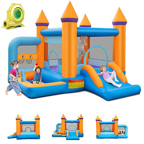 GOPLUS Castillo Inflable para Niños, Zona de Juegos Inflable con Soplador 680W,Tobogán, Piscina, Espacio de Salto, Cesta de Baloncesto (Naranja, con Soplador 680W)
