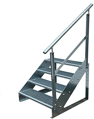 Kaminbau Mierzwa Premium trappa fristående, 4 trappräcken, höger (bredd 600 mm) (höjd 76 cm), väderbeständigt rutnät, trädgårdstrappa