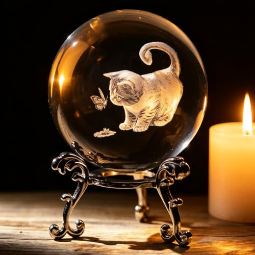 Katzenliebhaber-Geschenke – niedliche 3D-Katzenfigur in Kristallkugel Briefbeschwerer mit Ständer – lasergravierter Kristall mit Schmetterling – dekorative Schneekugel zum Sammeln – 6 cm
