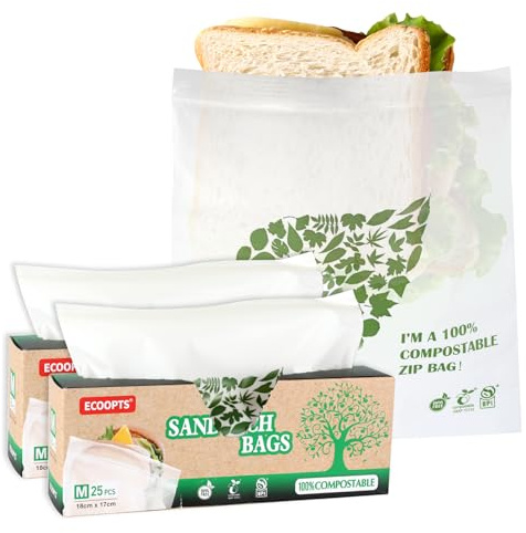 Bolsa grande con cremallera 100 % compostable, almacenamiento de alimentos ecológico, bolsa para congelador y refrigerador, a base de plantas, sin BPA, sella bien para frutas, aperitivos y más