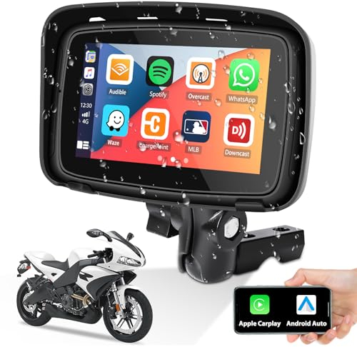 Tragbares Autoradio für Motorräder mit drahtlosem Carplay Android Auto, 5 Zoll wasserdichter Touchscreen für Motorräder mit Dash Cam GPS Navigation, Bluetooth, Sprachsteuerung+64GB TF-Karte