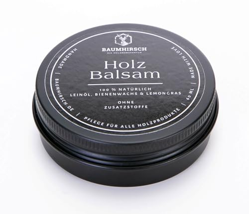 Baumhirsch Holz Balsam lebensmittelecht zertifiziert – 100% Natürliches Holzwachs farblos ohne Zusatzstoffe made in Germany - Bienenwachs & Leinöl – Möbelpolitur für Holz und Möbel (60ml, Lemongras)