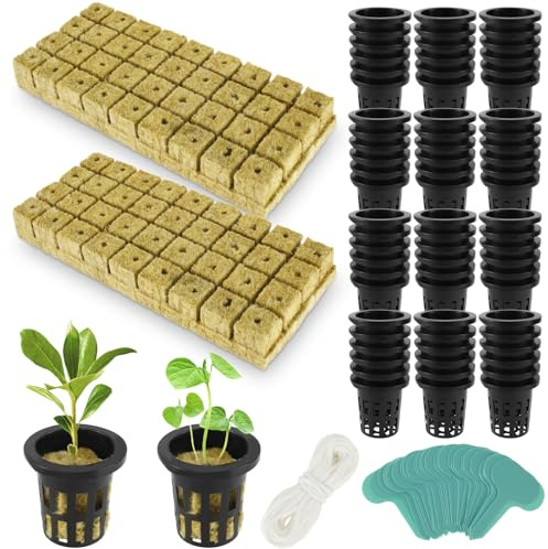 Fyeme 72 Stück Hydrokultur Pflanzen Net Kit Hydrokultur Netztöpfe Hydroponic Cubes mit Steinwolle Anzucht mit 10M Selbstbewässernde Dochtschnur aus Baumwolle für Hydrokultur