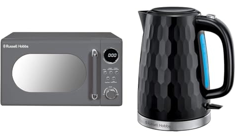 Russell Hobbs RHM2044G Retro 20 Litre Grey Digital Microwave, 800W, Mirror Finish & Honeycomb Electric 1.7L Cordless Kettle (Fast Boil 3KW, Black premium plastic