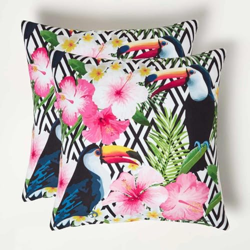 HOMESCAPES Set of 2 Outdoor Cushions Waterproof, Tropical Toucan & Flowers Filled Garden Cushion, Hypoallergenic Polyester, Decorative Pillows for Indoor & Outdoor Patio, Benches & Sofa - 45 x 45cm